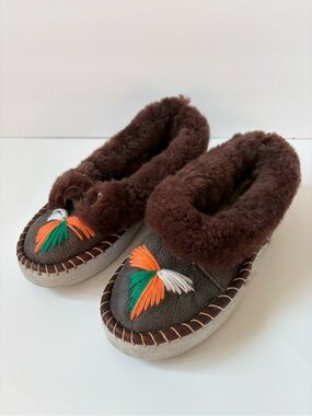 Women's Slippers Genuine Sheepskin Leather Handmade Brown Embroidery Booties 8